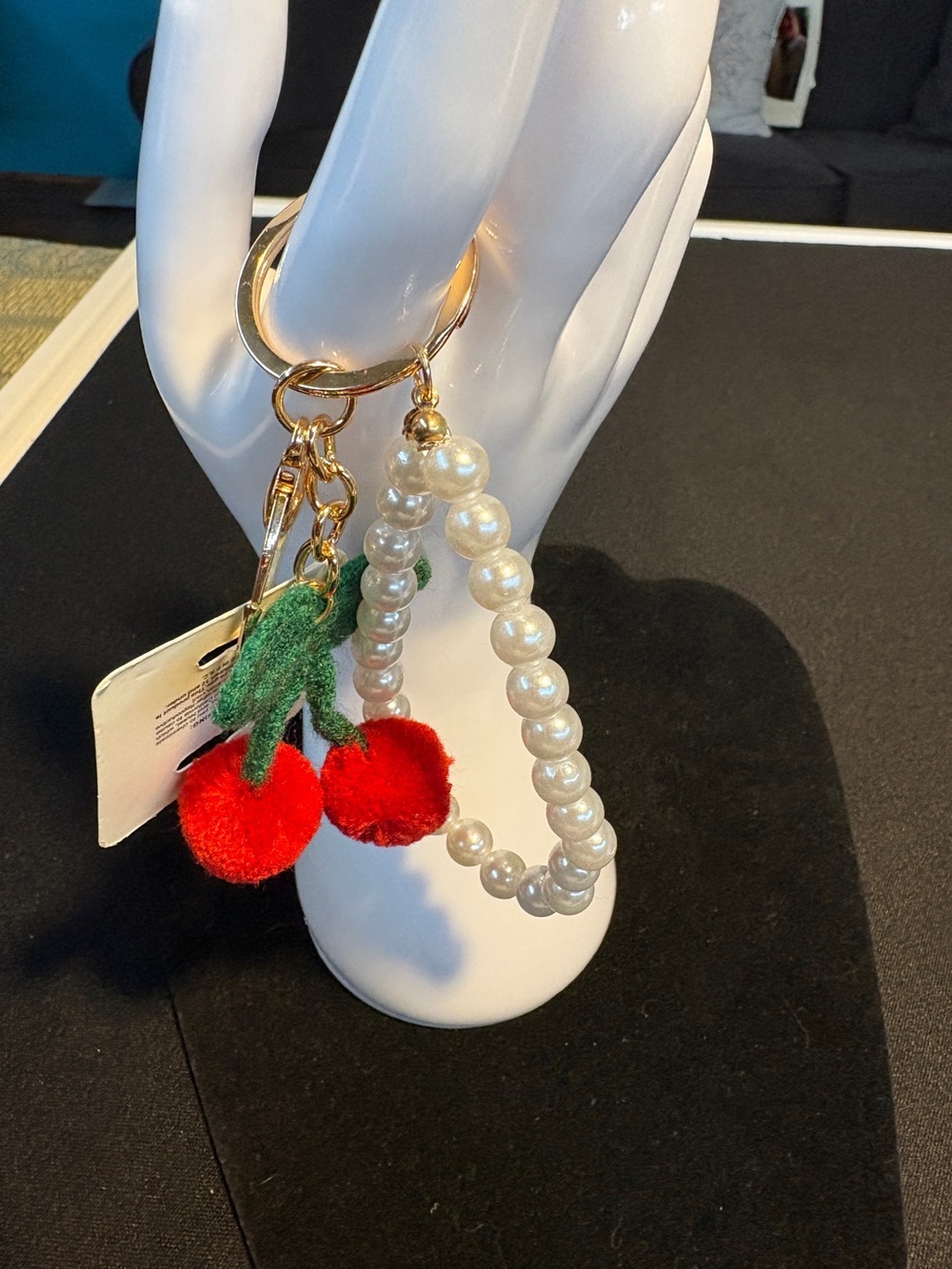 Pearl Bead Bracelet Keychain with Red Cherry Charm